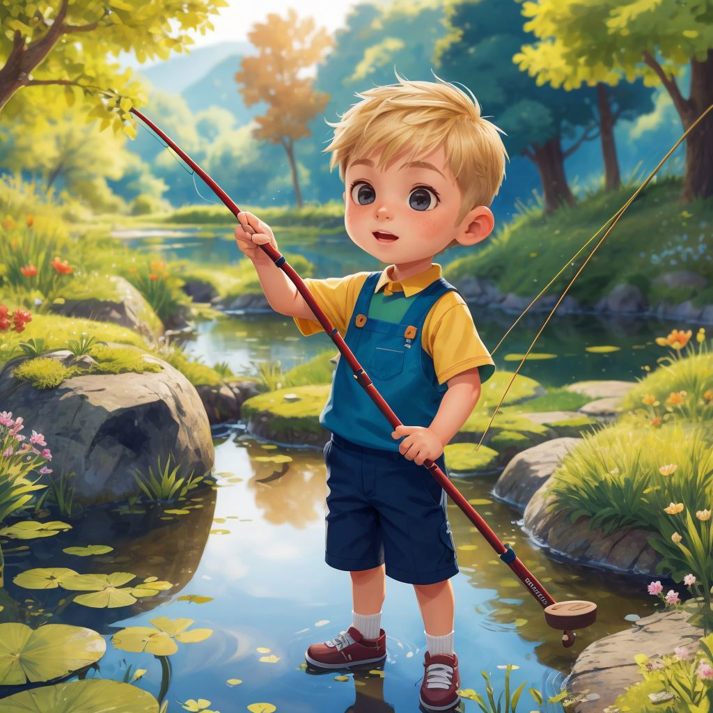 Torin, focused and excited, holding a fishing rod by a pond.