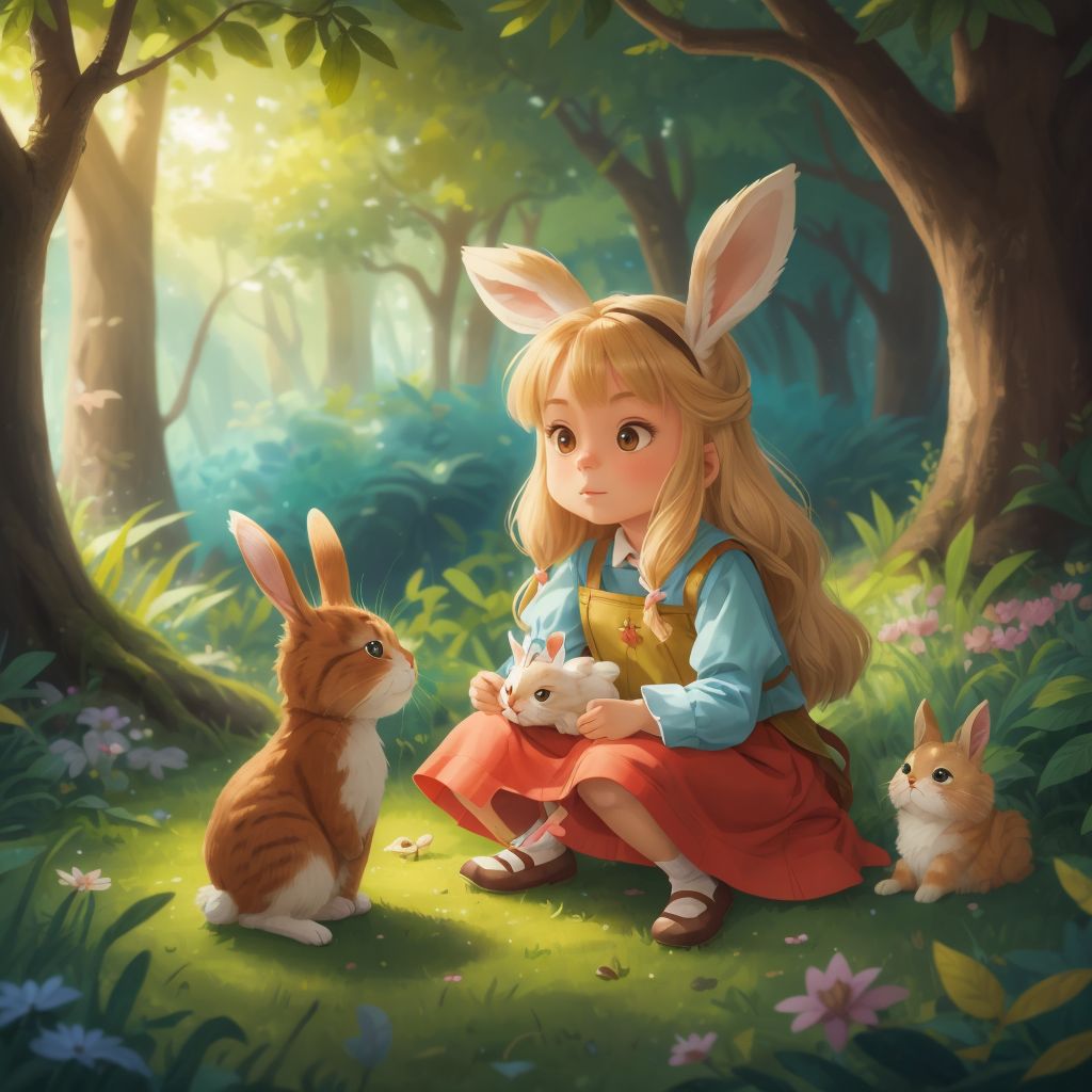 A talking rabbit in a lush, enchanted forest, with Sundy and winged Ivy listening intently.