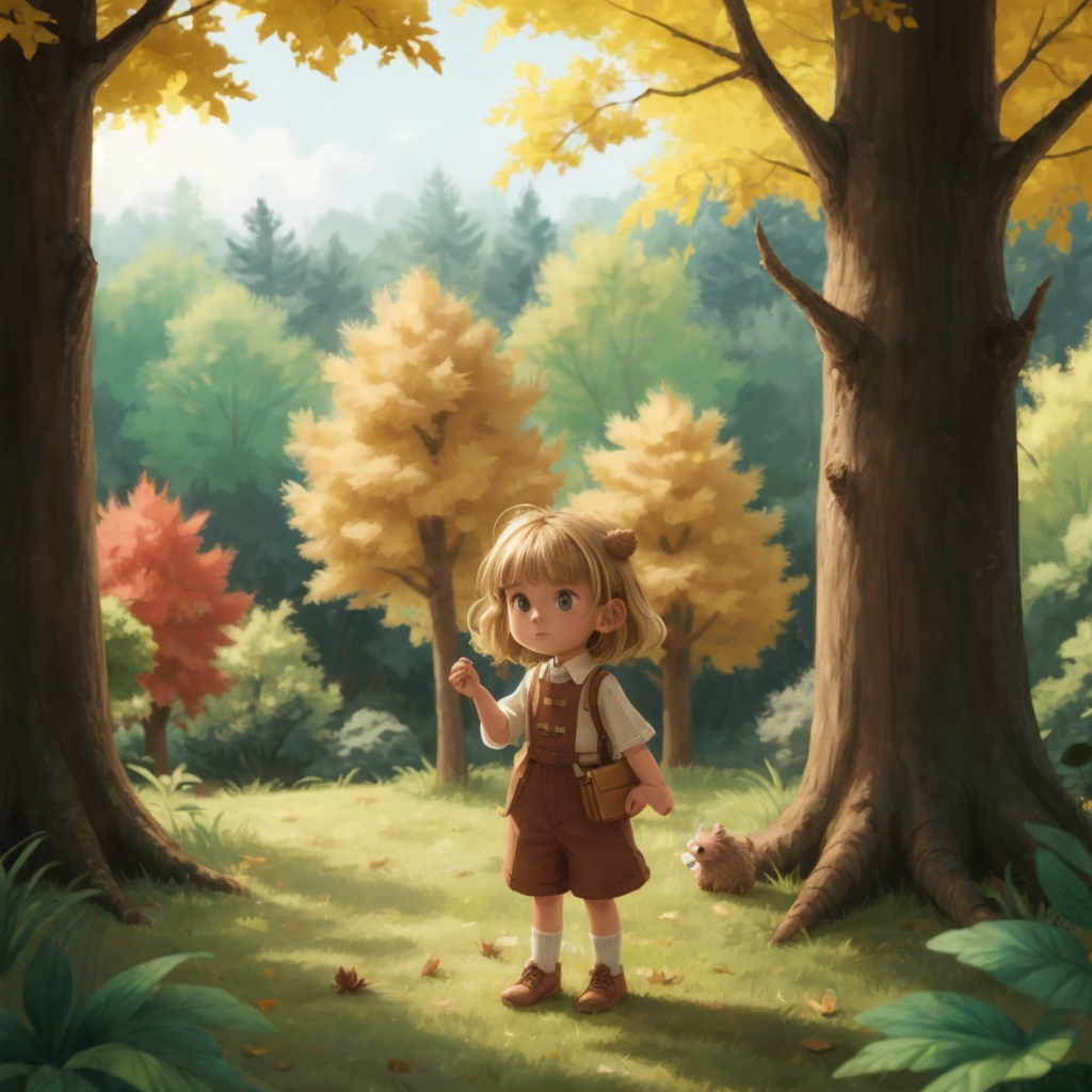 Madeline and her hedgehog stuffed animal friend explore a forest with tall trees and rustling leaves in the background.