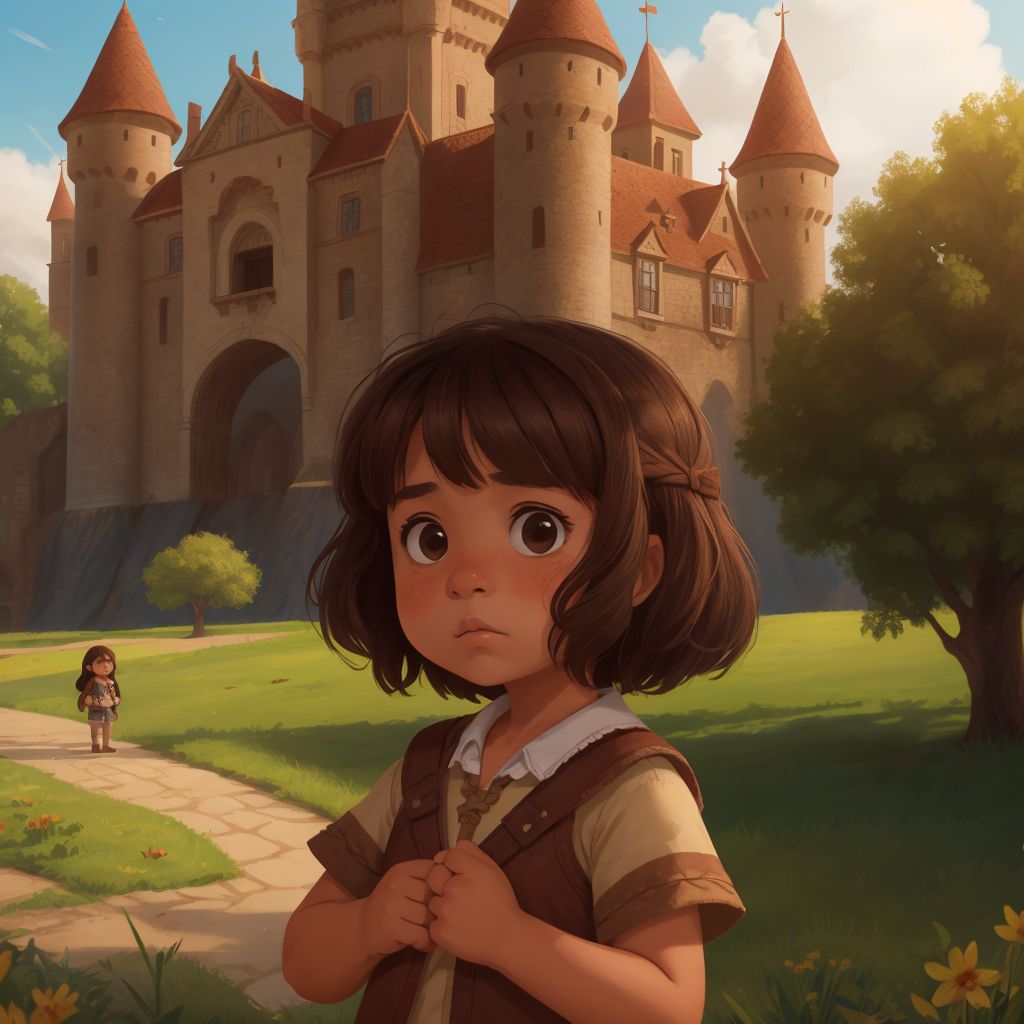 Esme, with a look of resolve, standing in front of a castle, ready to face the villains