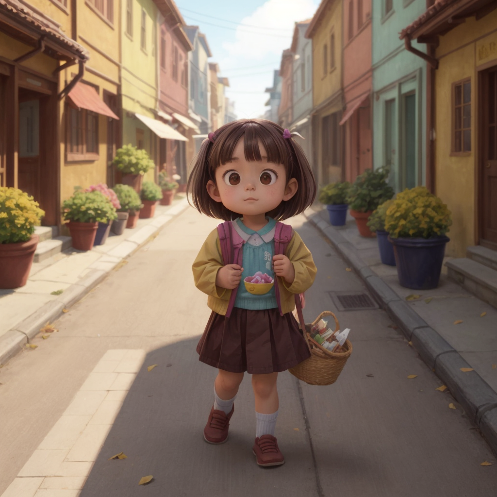 Divine with medium brown hair, happily playing outside with snacks in her hand and litter trailing behind her on a sunny street in a cozy town.