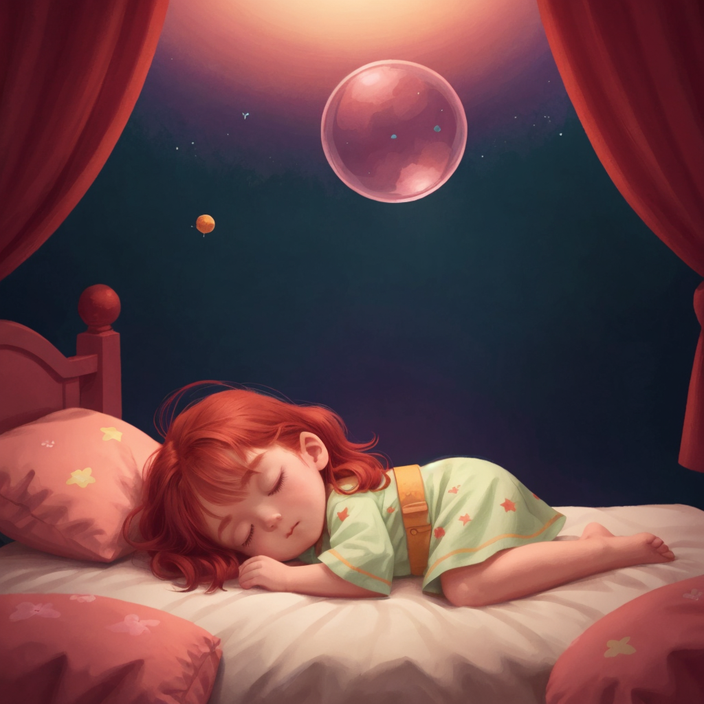 Arwyn asleep in her bed, with a dreamy aura and the Enchanted Realm visible through a dream bubble.