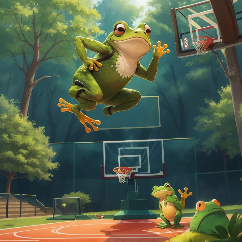 Frog showing off high jumps on the basketball court, with forest animals watching.