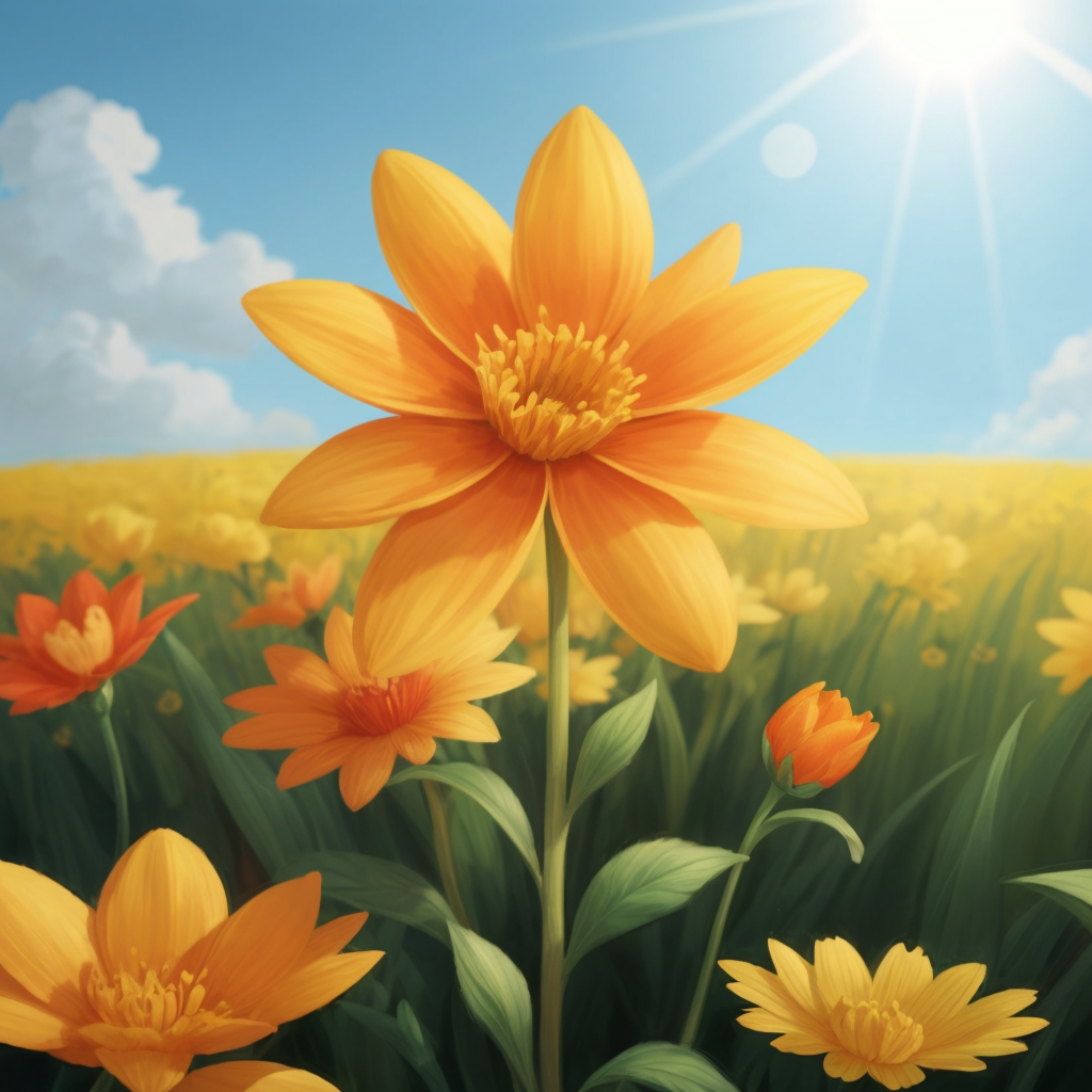 A single golden flower glowing amidst a field of flowers under a bright sun, no characters present.