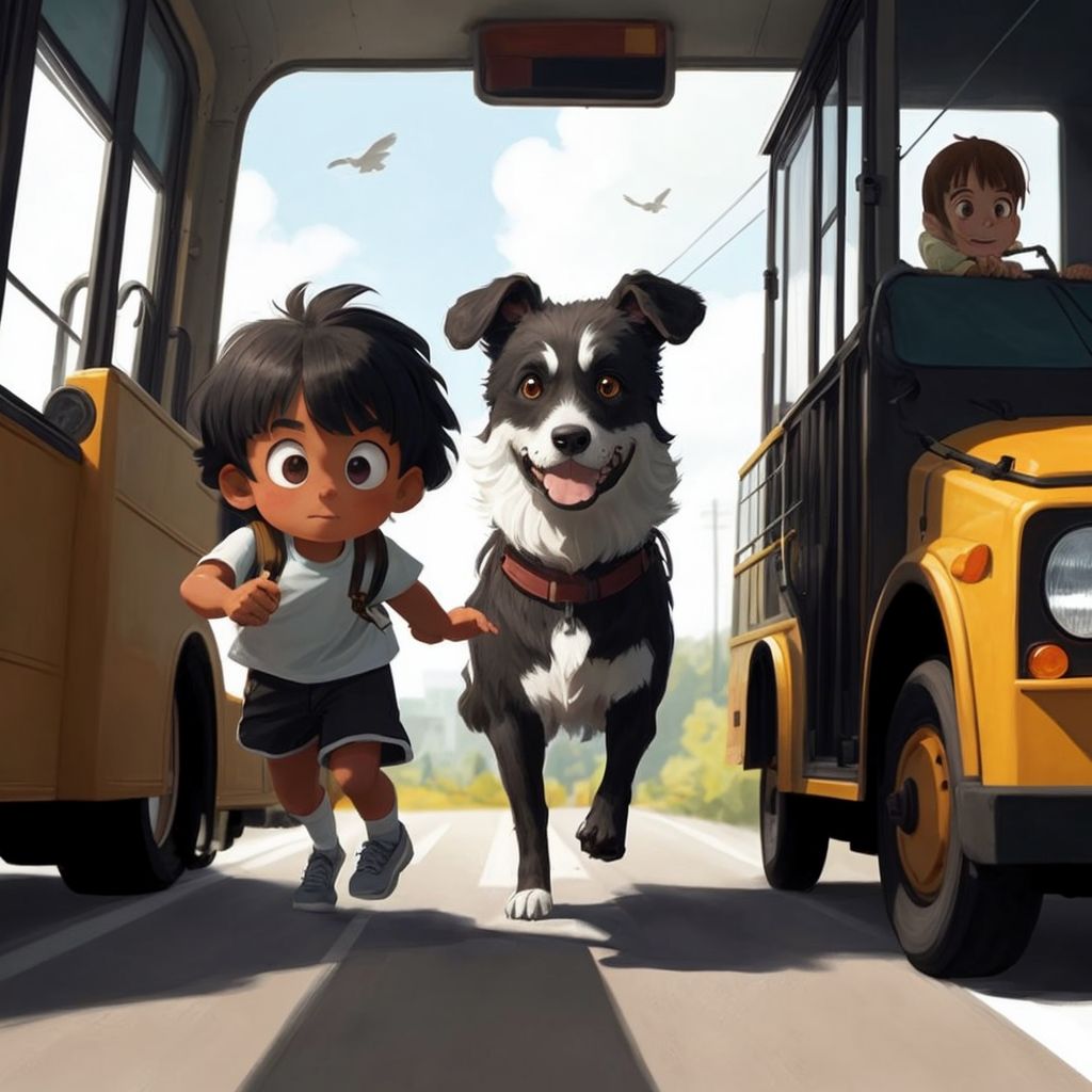 Spud running alongside a school bus, children laughing inside as the driver looks out with a concerned expression