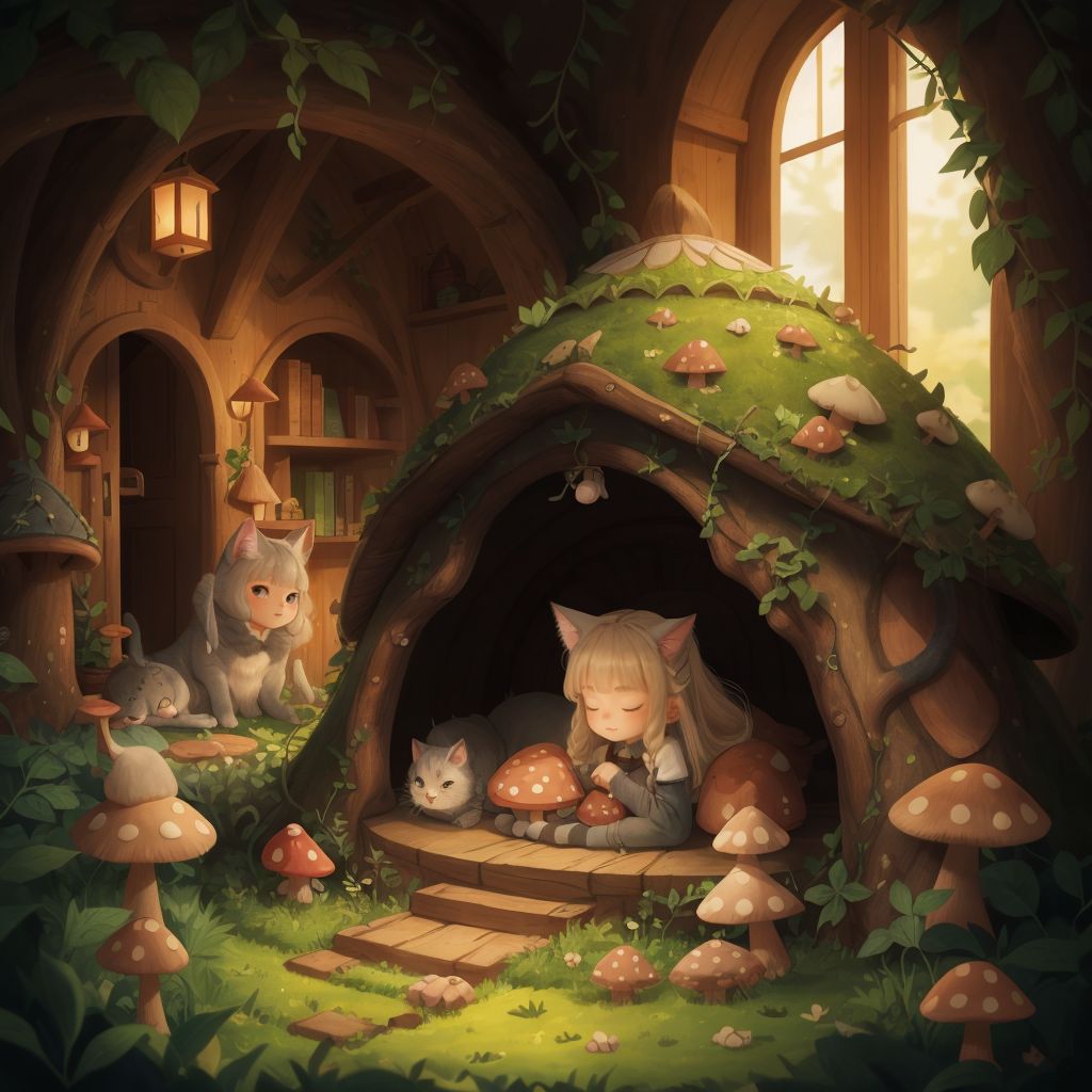 Sundy and Ivy resting inside a cozy mushroom house