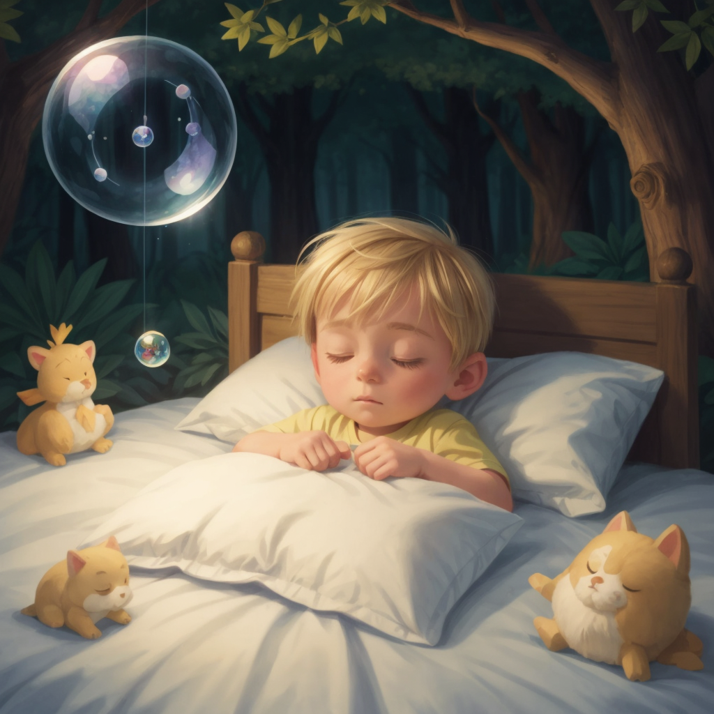 Aron asleep in bed, with a serene expression and a dream bubble showing a magical forest.