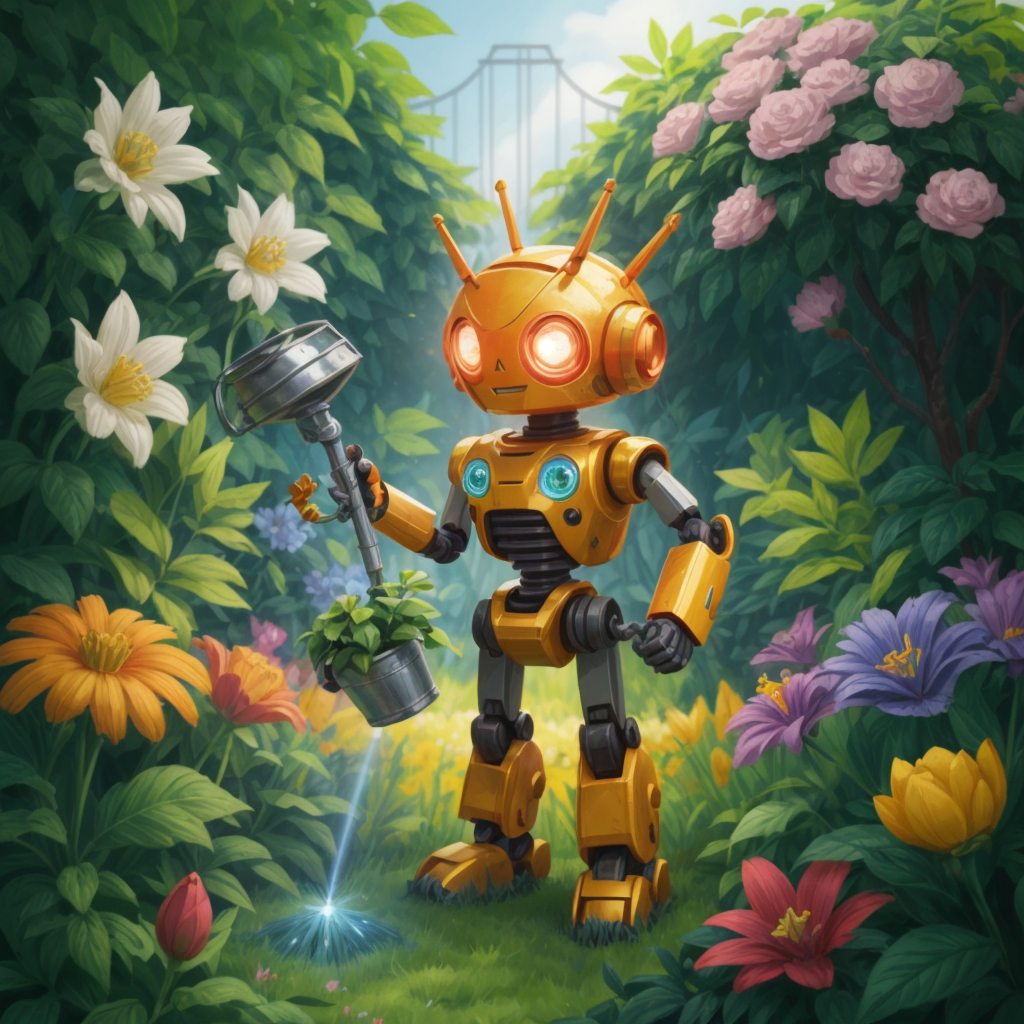 Robbie tending to a garden of metallic plants, with bolts as flowers and circuits as vines, watering can in hand.