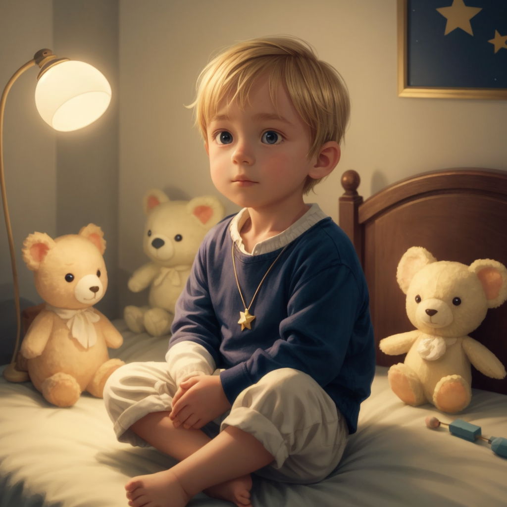 Aron sitting on his bed with a dreamy expression, surrounded by stuffed animals and a night lamp casting a soft glow.