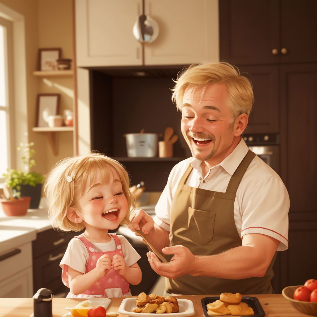 Ivy and her dad cooking together in the kitchen, both laughing