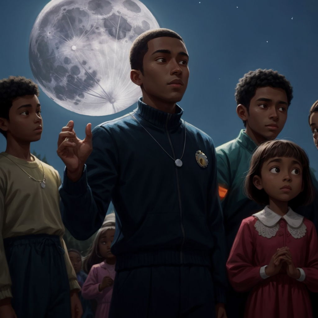 Quincy speaking to his family and friends, gratitude and confidence on his face, under the moon.
