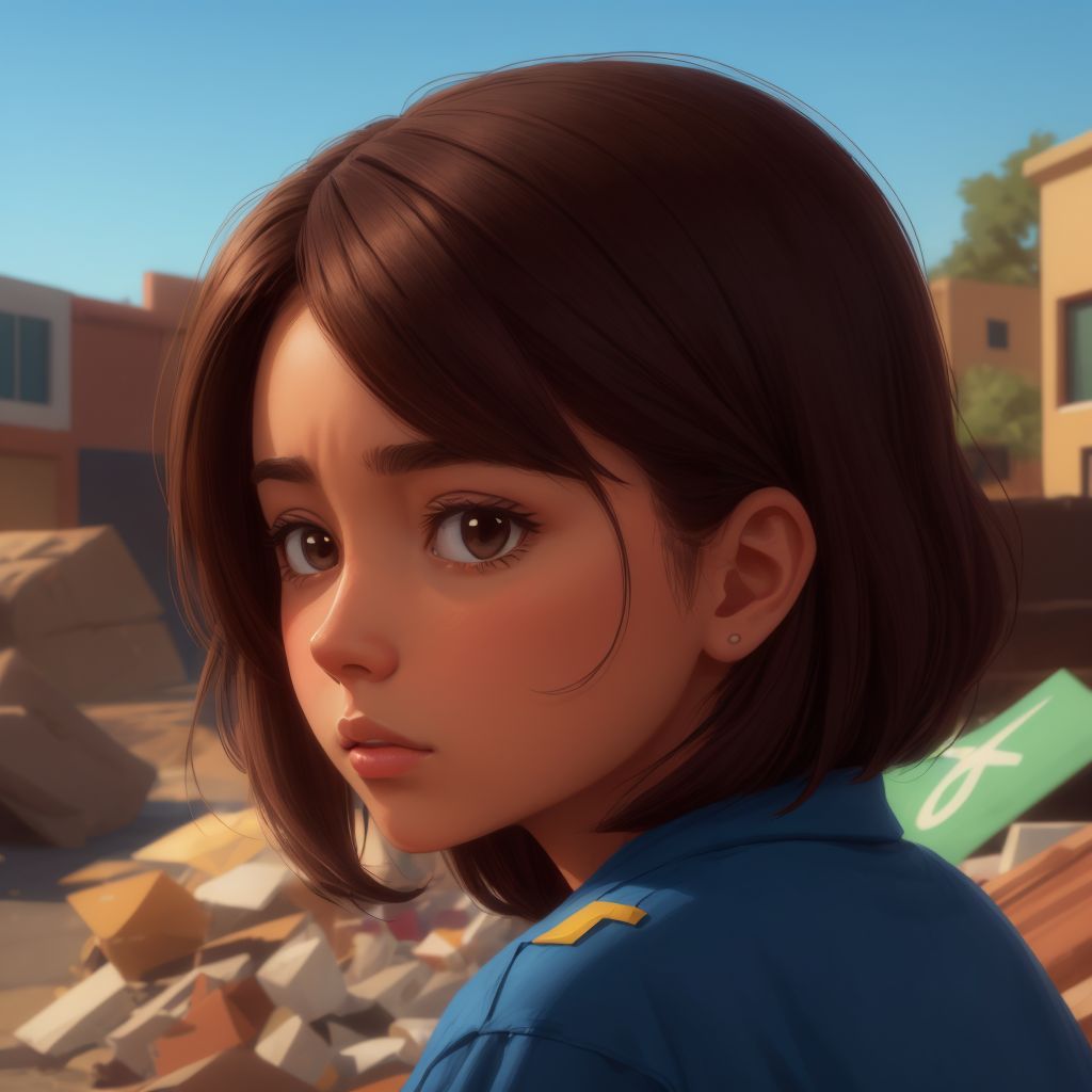 Young Ellie looking concerned at a pile of trash in her town