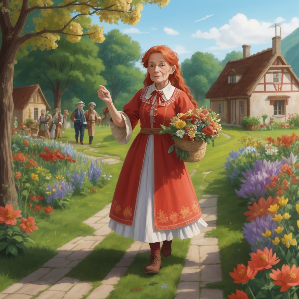 Esmerelda and Ulla leading a parade of flowers and villagers in celebration of the garden festival.