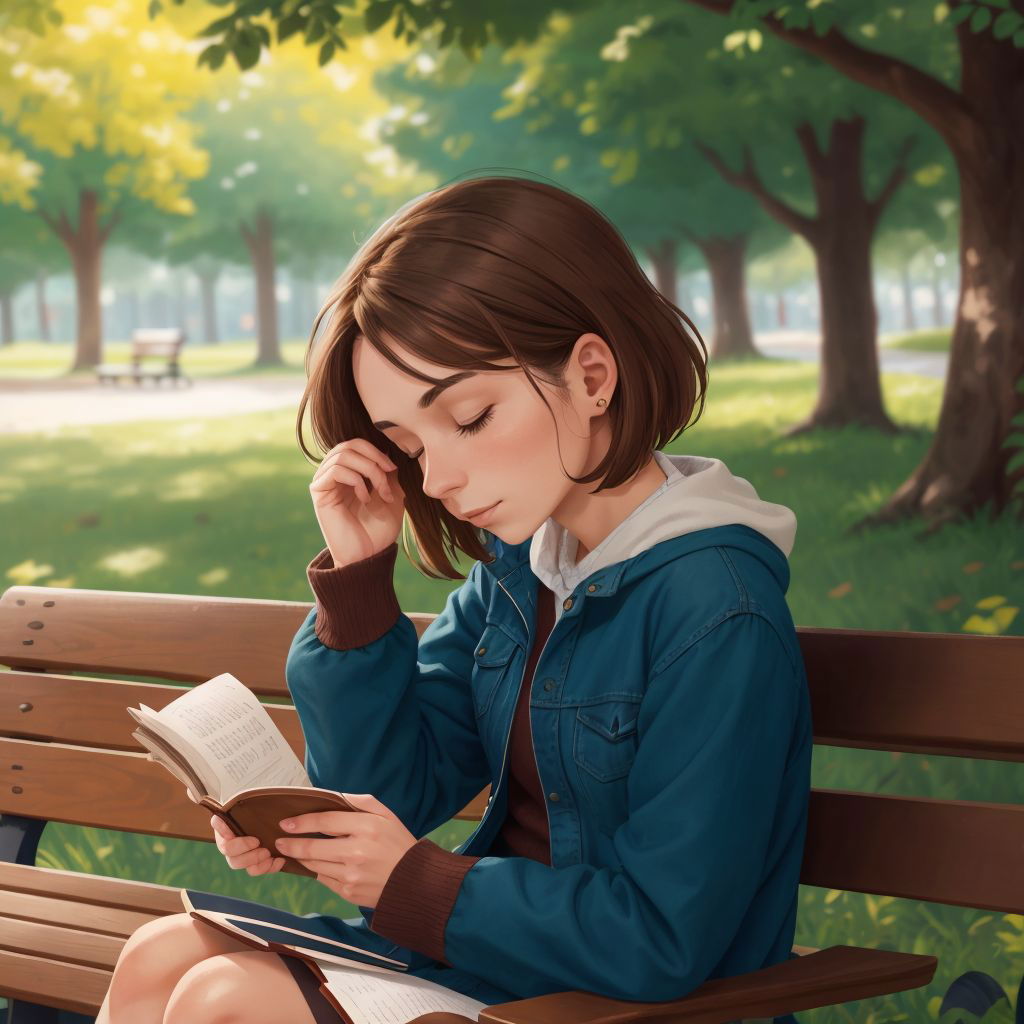 Alexis at a park bench, deep in thought with a book beside her, appreciating her surroundings