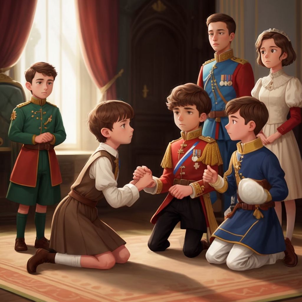 Timmy and his friends kneeling before Queen Elizabeth as she knights them