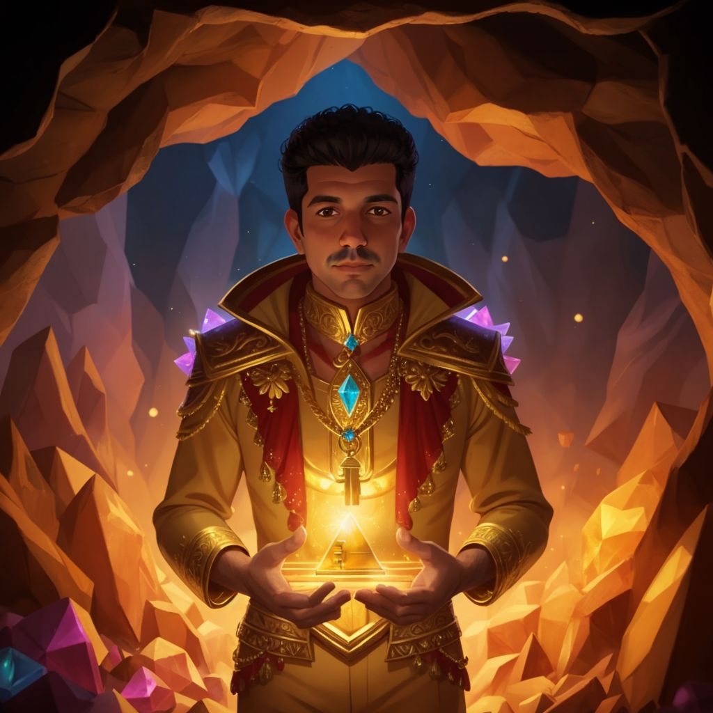 Sunny Varkey standing in front of a chest with glowing crystals and gems in a cave, holding a golden key