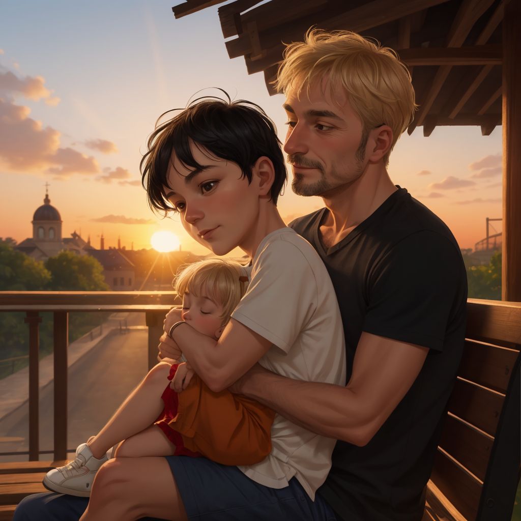 Dac and Gaia sitting on a bench, watching the sunset over the zoo, wrapped in a warm hug