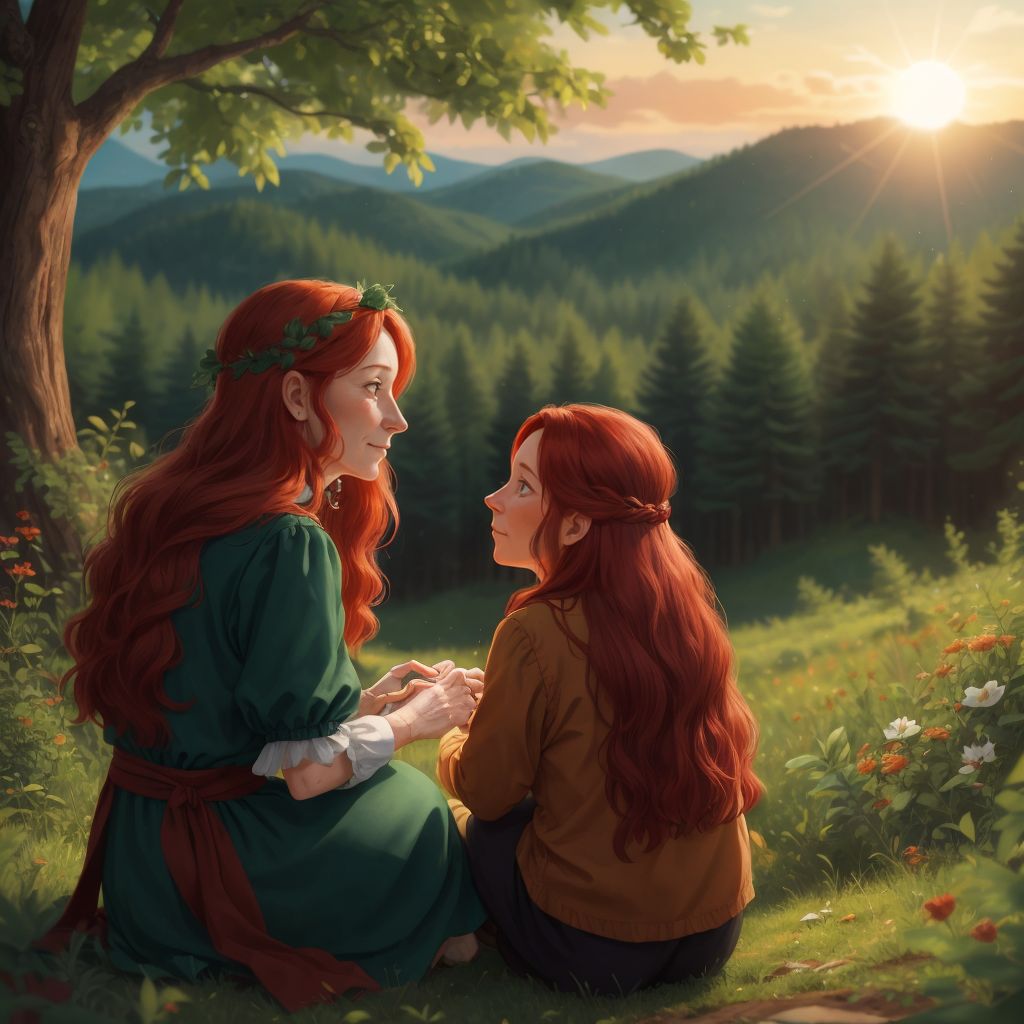 Esmerelda and Ulla watching the sunset in the forest, reflecting on their unbreakable friendship.