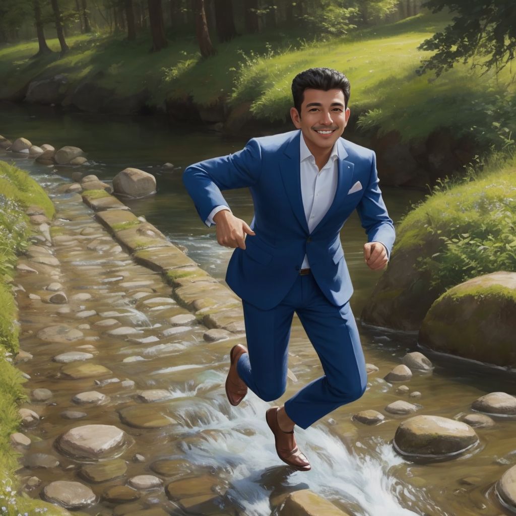 Sunny Varkey hopping across stepping stones on a sparkling river, with a determined expression on his face