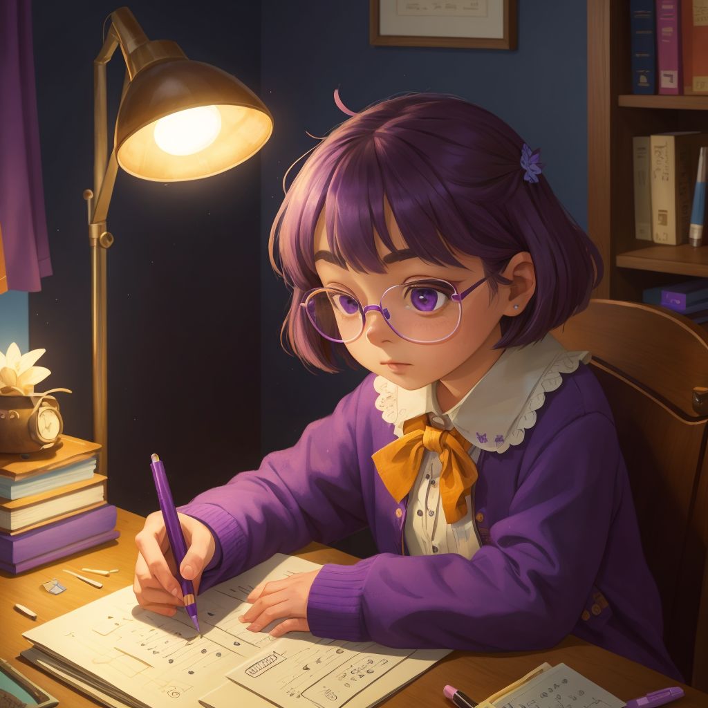 Lily is a black girl sitting at her desk at home, writing intently with the purple pen, surrounded by scattered notes and a glowing lamp