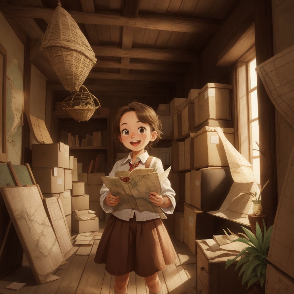 Mimi holding a map with excitement in a dusty attic full of old boxes and cobwebs