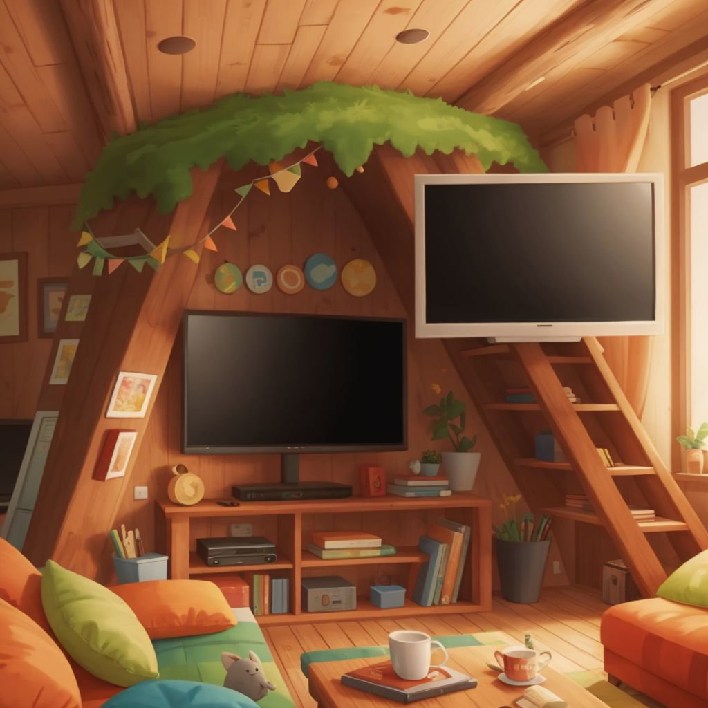 A cozy fort with a TV screen showing a funny cartoon