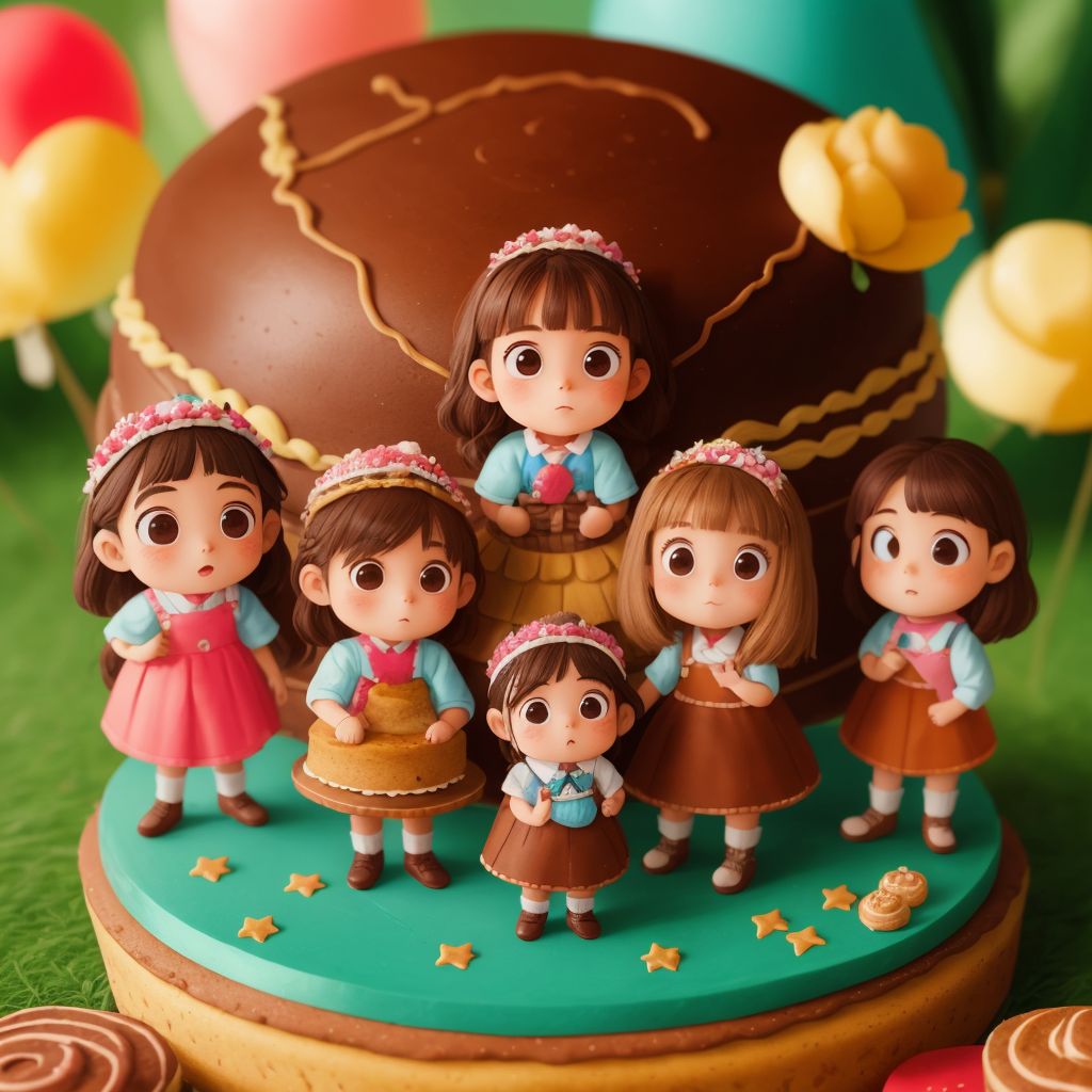 A giant cake decorated with images of the girls' adventure, including miniature versions of Sophia, Sarah, Vera, and their animal friends as cake toppers.