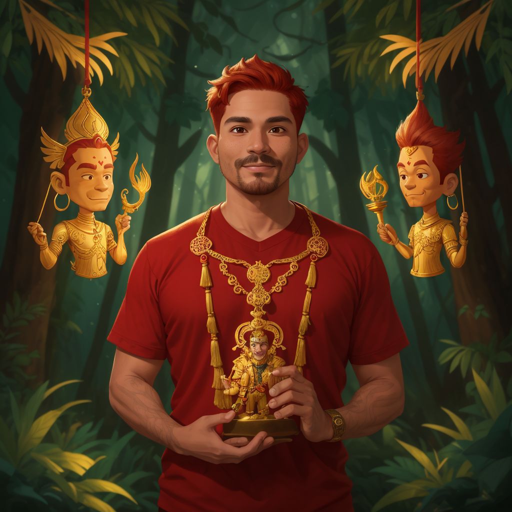 Bagong, looking relieved and proud, holding the golden wayang with a backdrop of a mystical forest