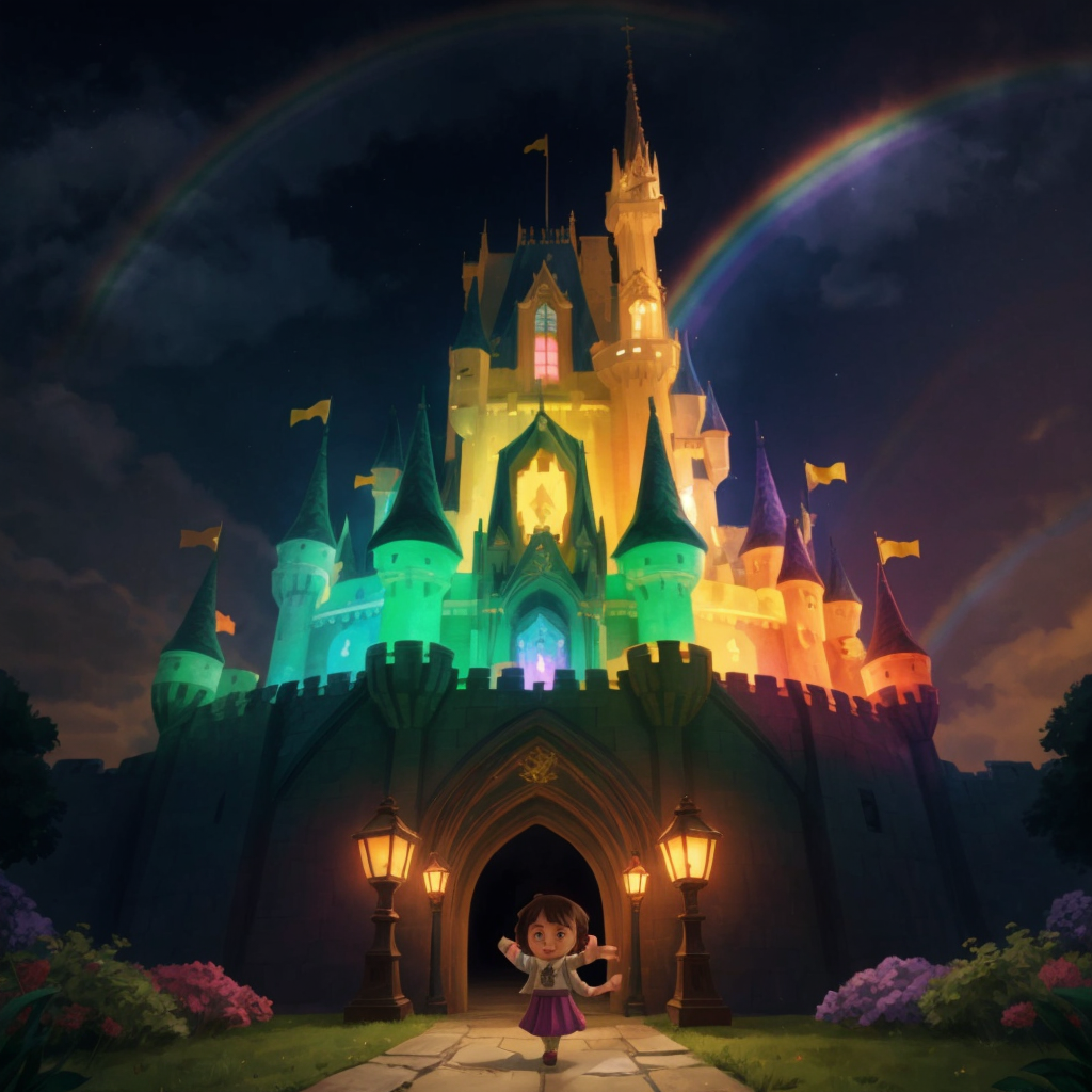 The magical castle shimmering with rainbow colors, with Divine at the entrance, her face alight with awe and excitement.