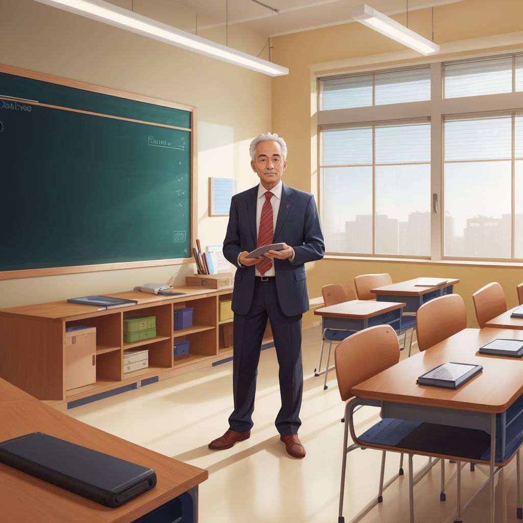 A visionary Benjamin standing in a modern classroom, where technology and traditional teaching blend seamlessly.