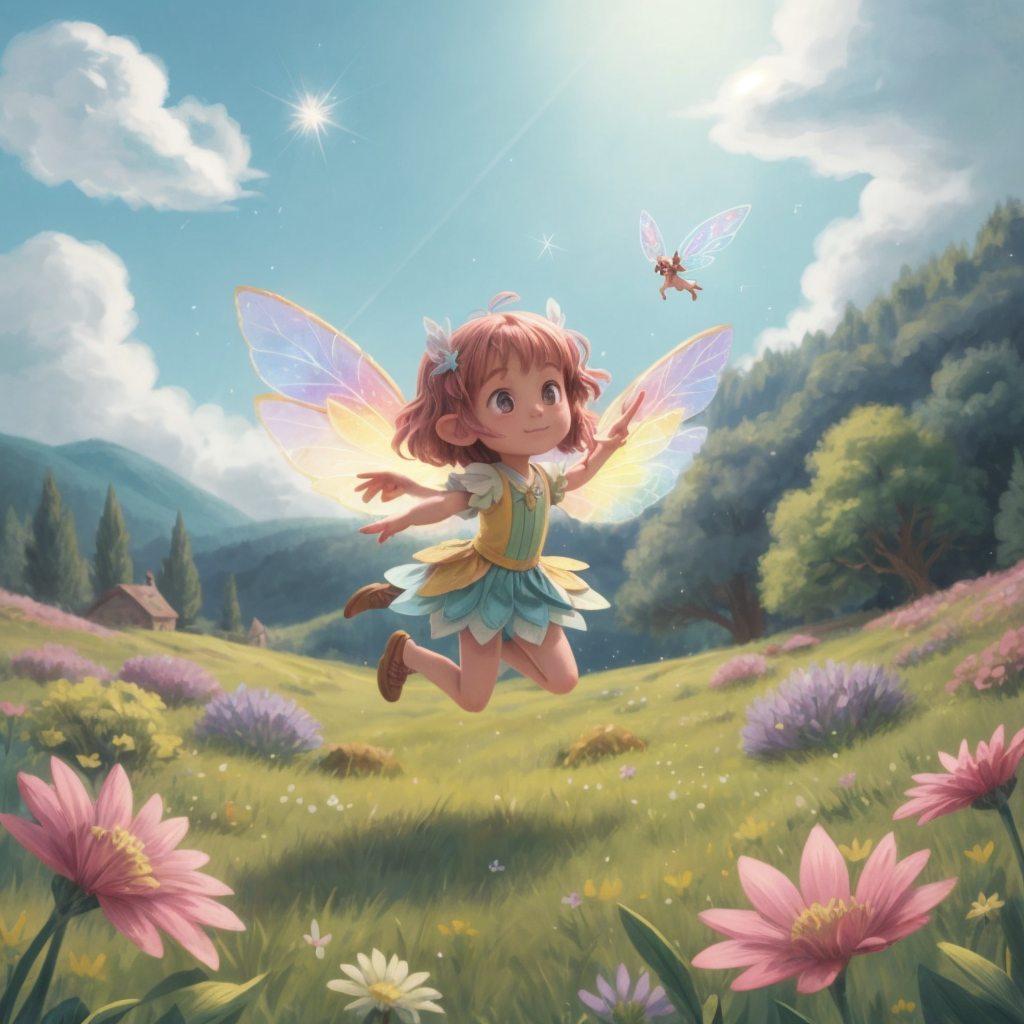 Felicity skipping happily with a landscape of the bright meadow behind her, signaling the start of a new adventure.