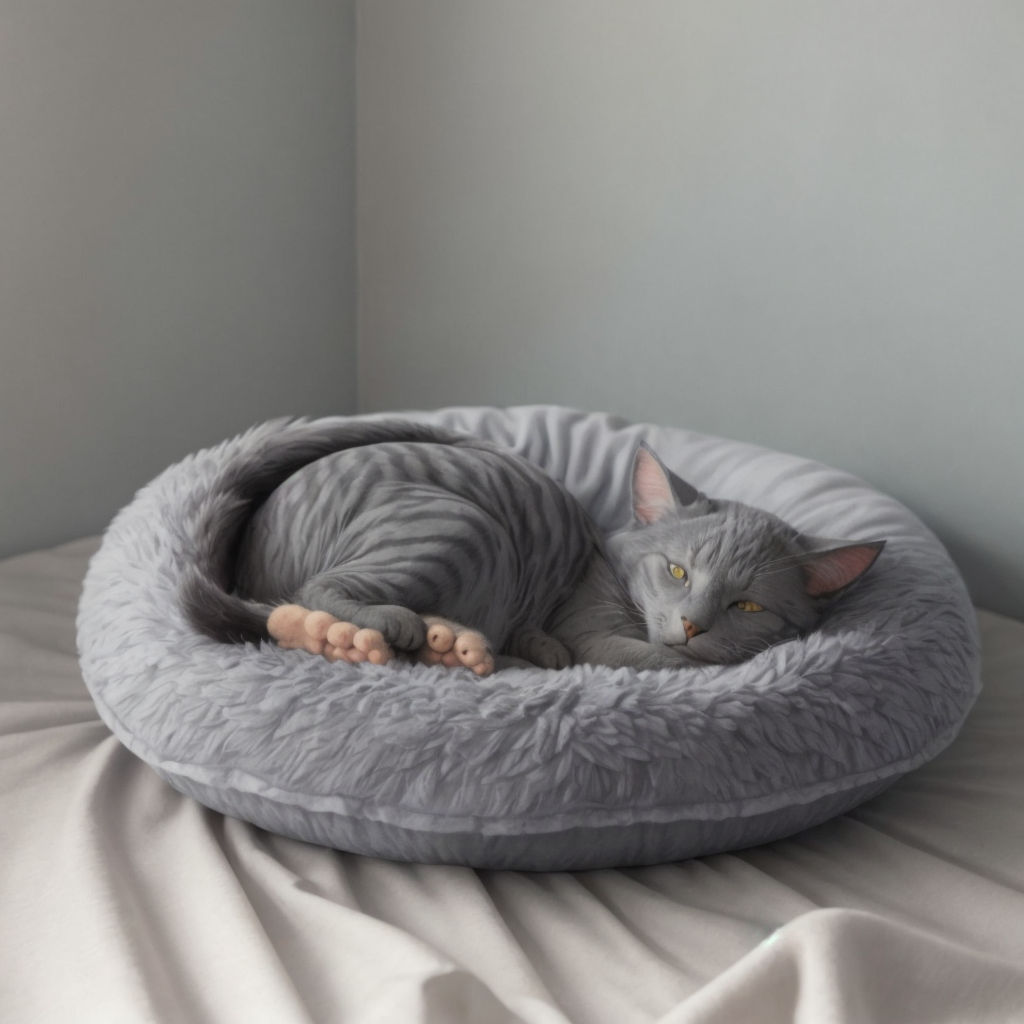 Frodo contentedly sleeping with a full belly, curled up in a warm and soft cat bed.