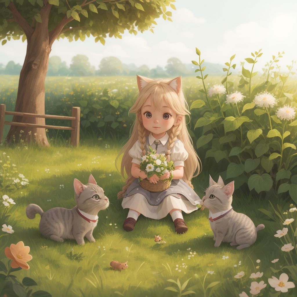 Sundy playing with two bambis in a meadow, with Ivy watching from the flowers