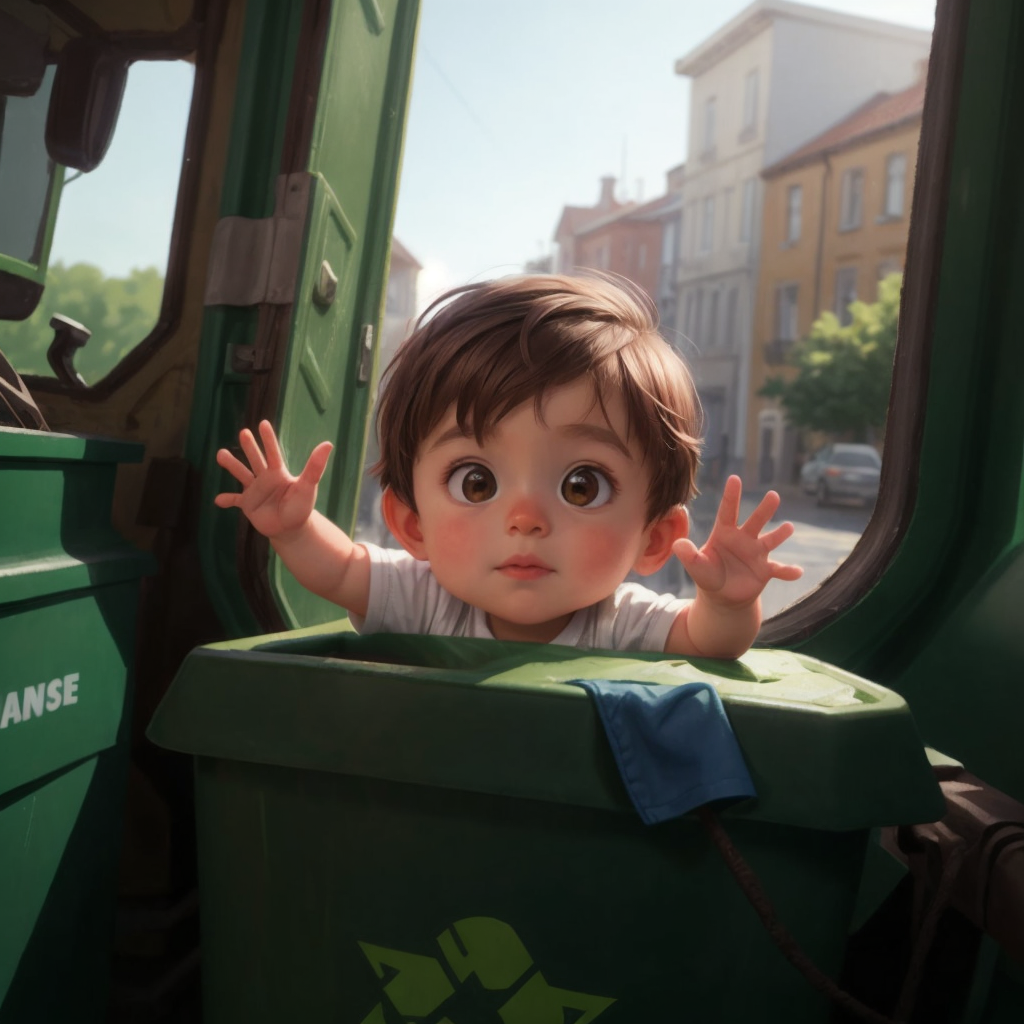 Jax peeking out the window at a big green garbage truck, waving at the sanitation workers