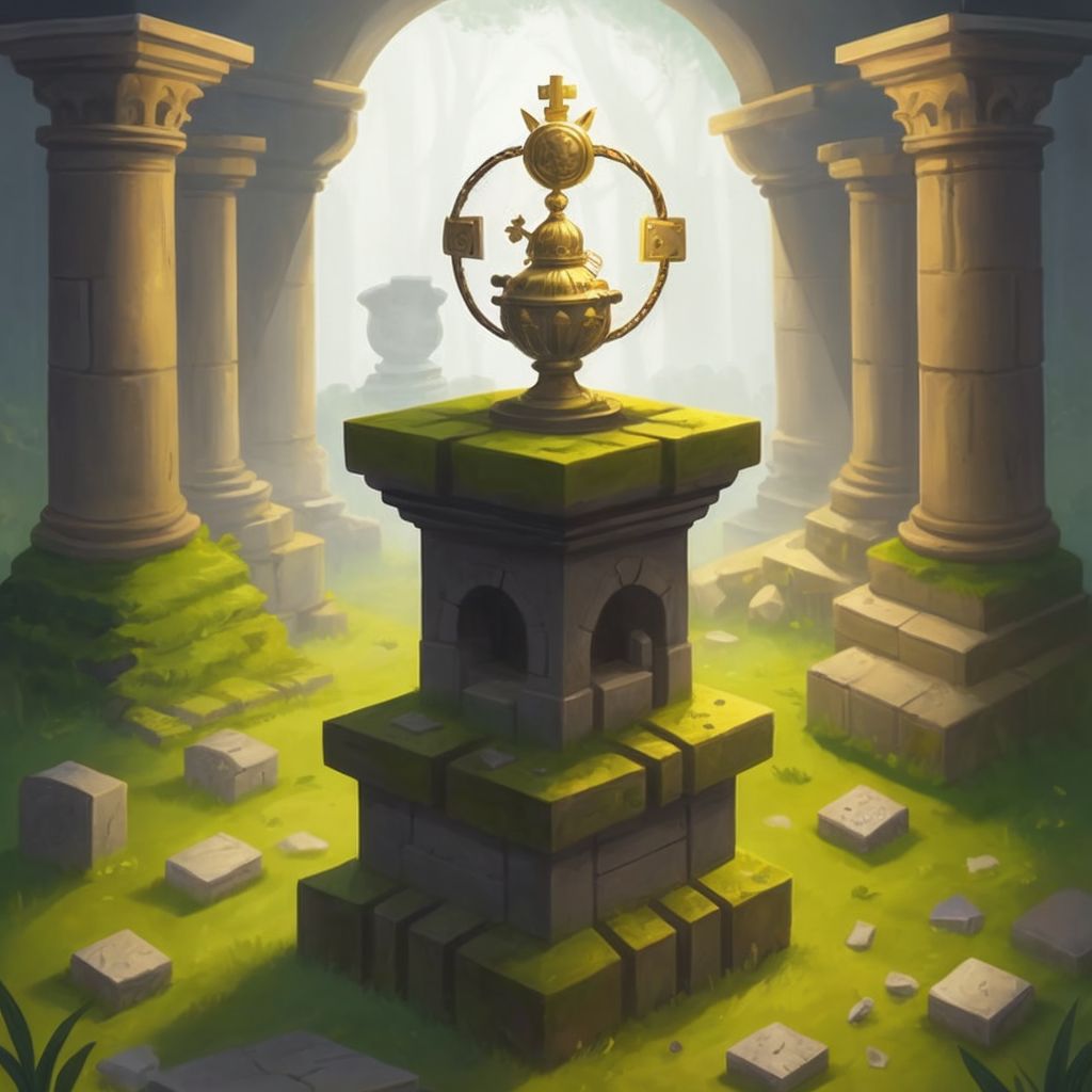 The missing crown on a pedestal, surrounded by ancient puzzles and traps