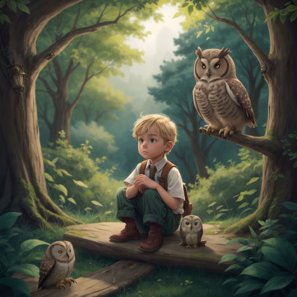 Aron sitting in a dreamlike forest, listening intently to Hoot the owl who is perched nearby.