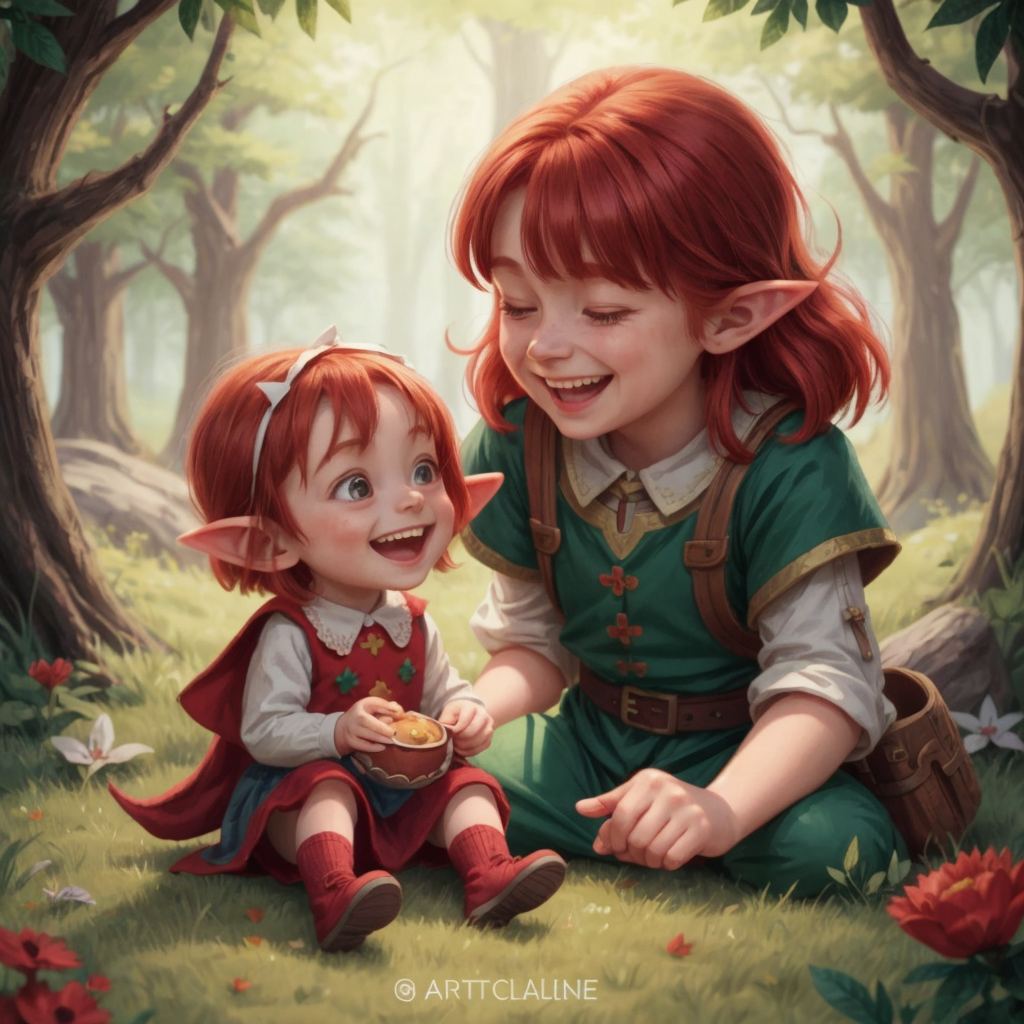 Arwyn laughing with a mischievous elf, sharing a moment of joy in the magical land.