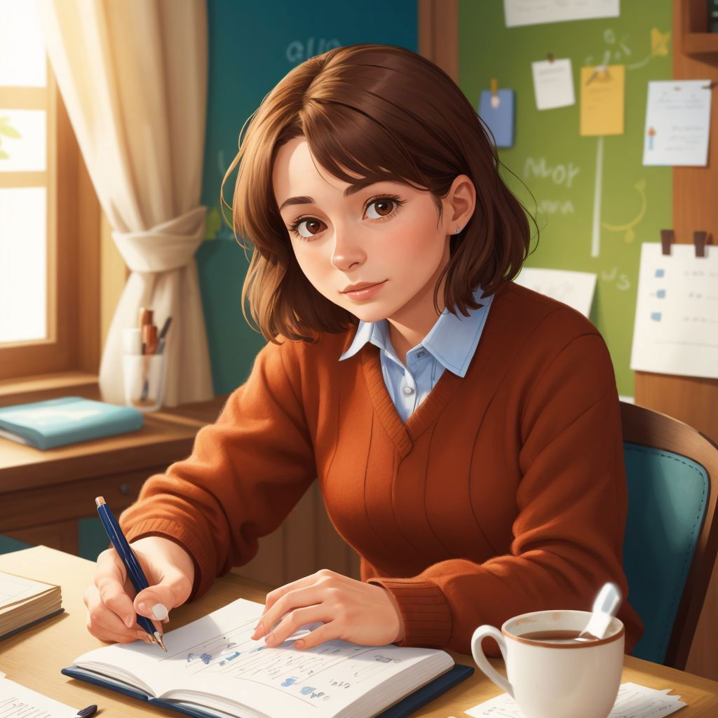 Alexis sitting at a desk, writing notes from her book, with a determined and inspired look