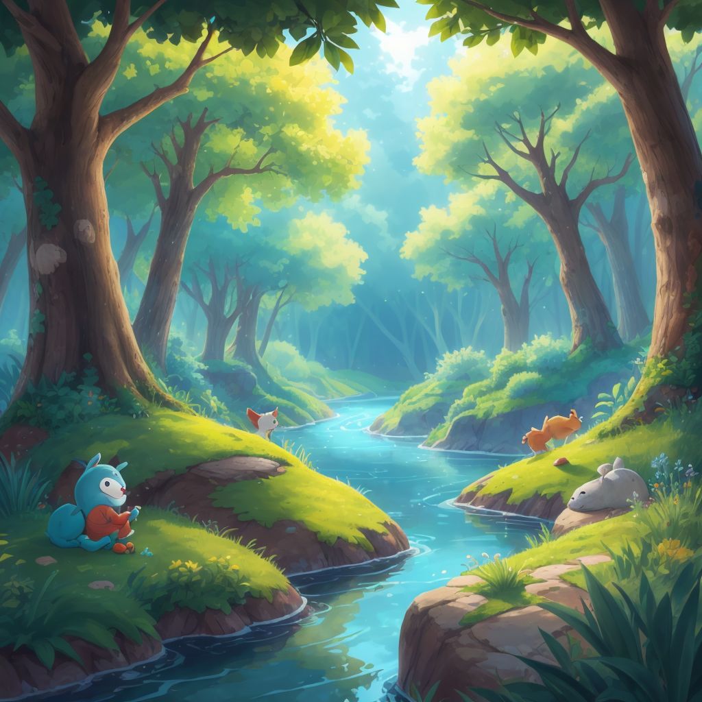 A laughing river that whispers jokes, with trees that tickle in the background, and a glimpse of Stitch and Sparki watching from afar.