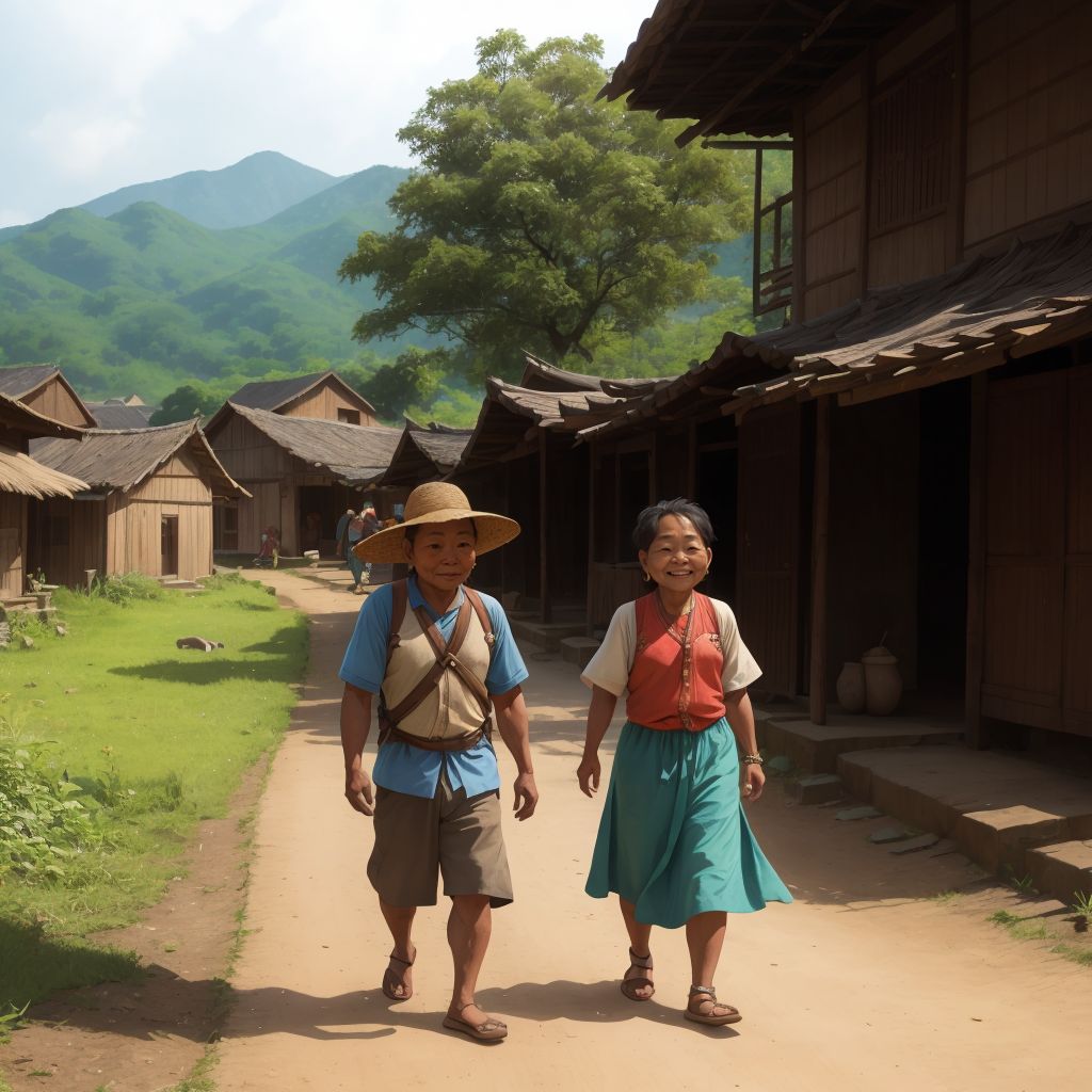 Mimi and Abung walking back into the village, visible relief on Mimi's face