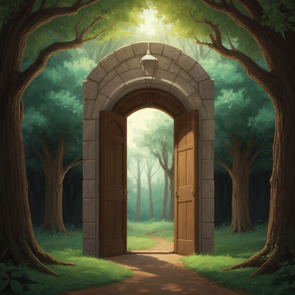 An empty, inviting magical doorway between oak trees, suggesting a world of possibilities.