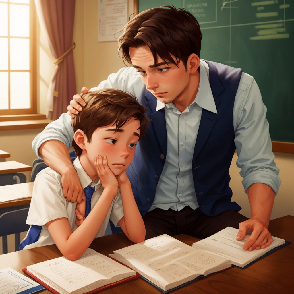 Benjamin comforting a frustrated student, with a reassuring hand on their shoulder, in a classroom setting.