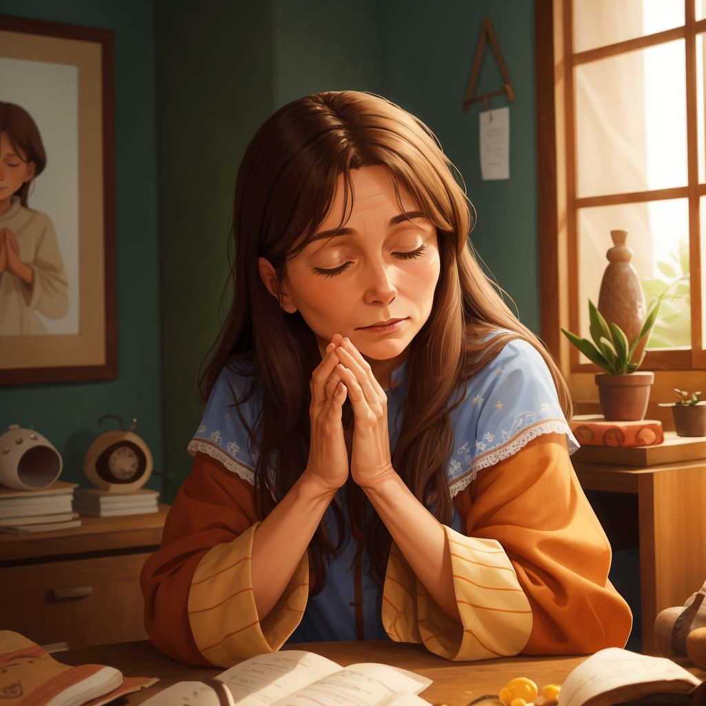 Jenny praying out loud with a serene expression, alone in her room.