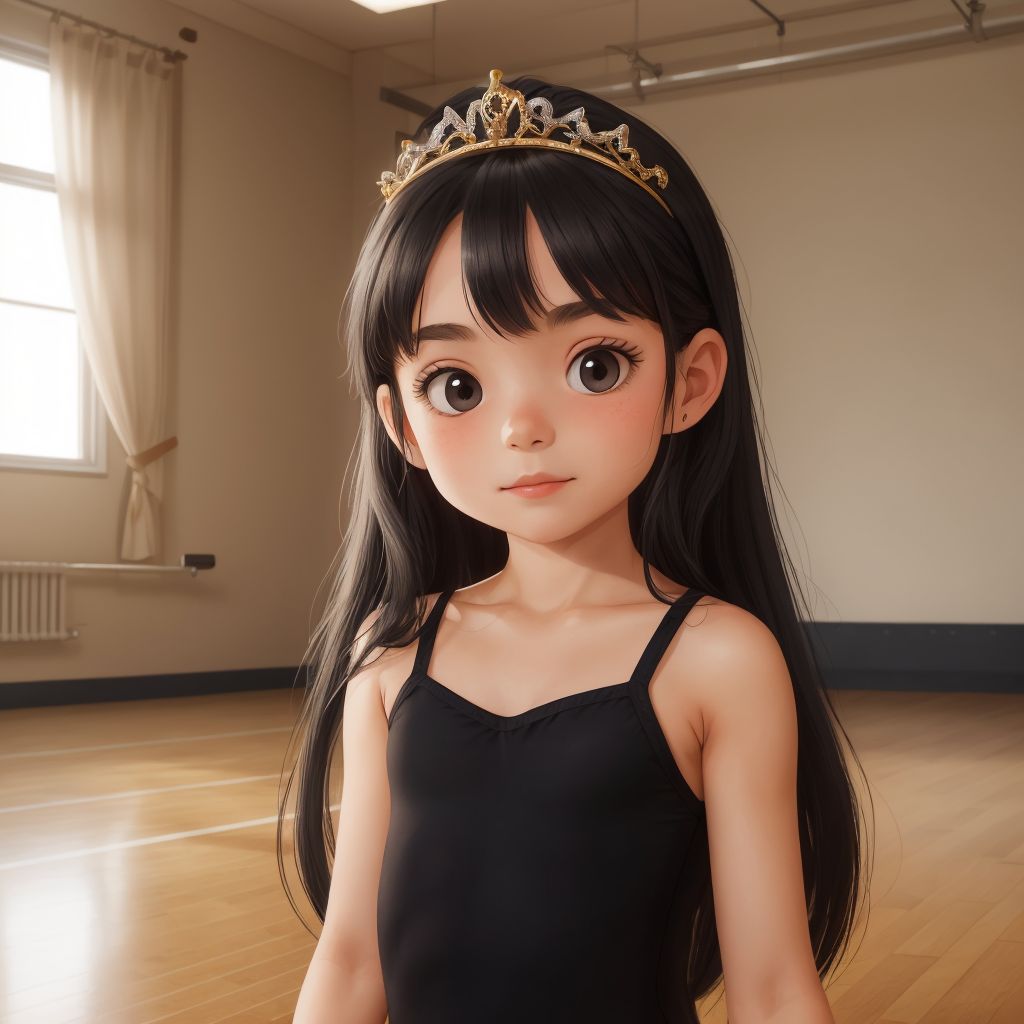 Kiara, at ballet practice in a ballet studio with a shiny gold tiara. 