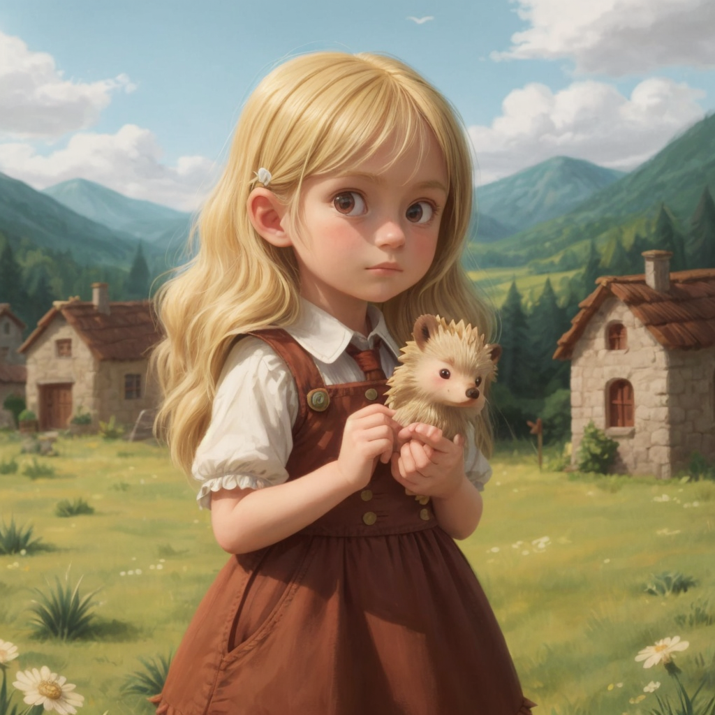 Madeline with long blonde hair, holding her brown spiky hedgehog in a small village setting.