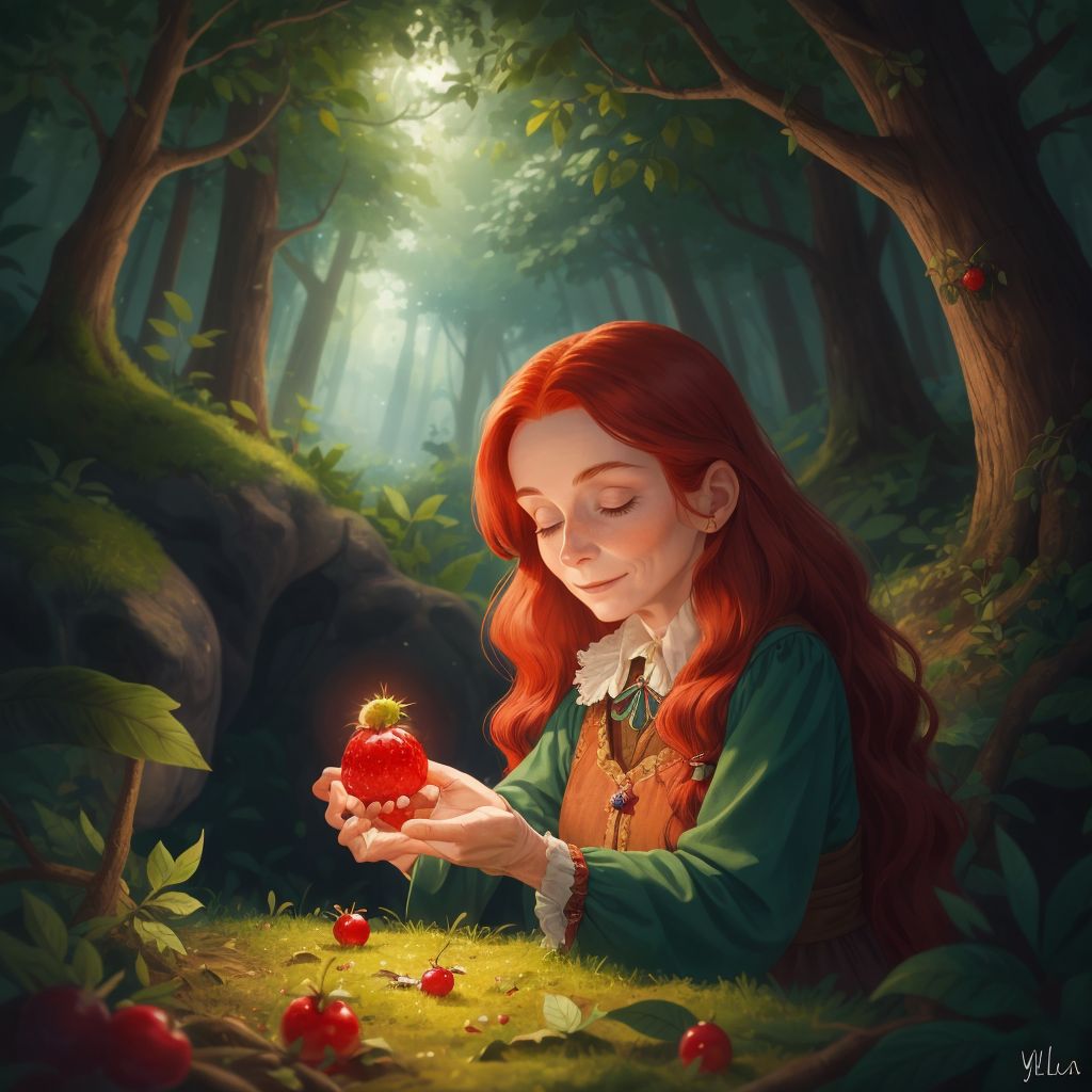 Esmerelda holding a glowing magic berry in the secret part of the forest, with Ulla by her side.