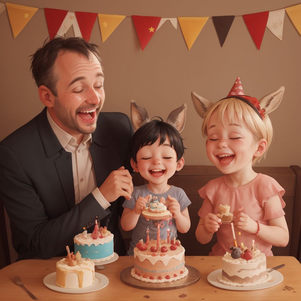 Donkeys singing with a birthday cake in front of them, Dac and Gaia laughing