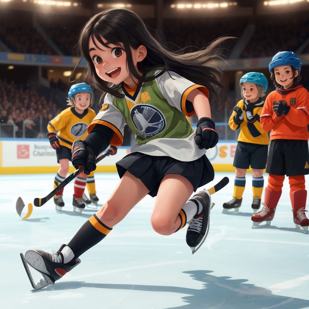 Kiara, in hockey gear and a tiara, falling on the ice but smiling, with Coach Max and the team in the background.