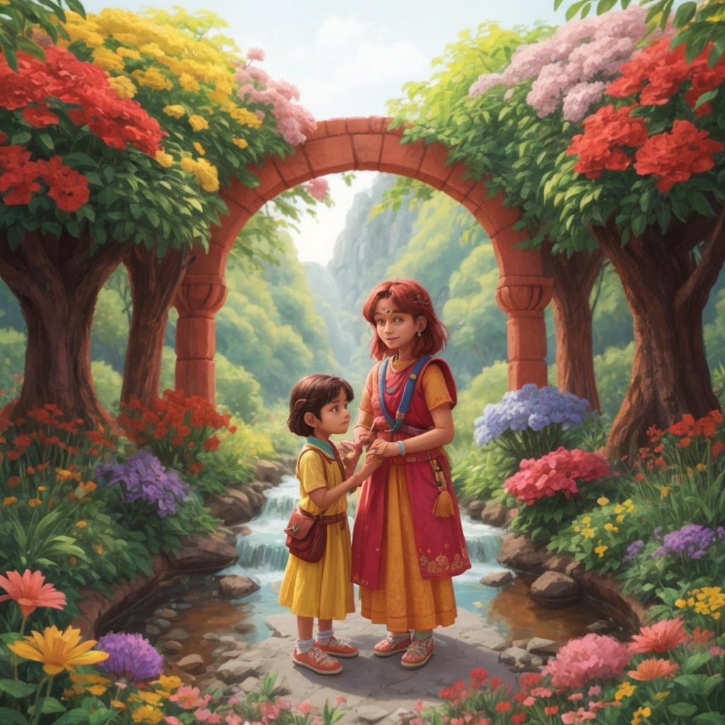 Mimi, a kind Indian woman, welcoming Arwyn into a realm of colorful flowers and sparkling streams.