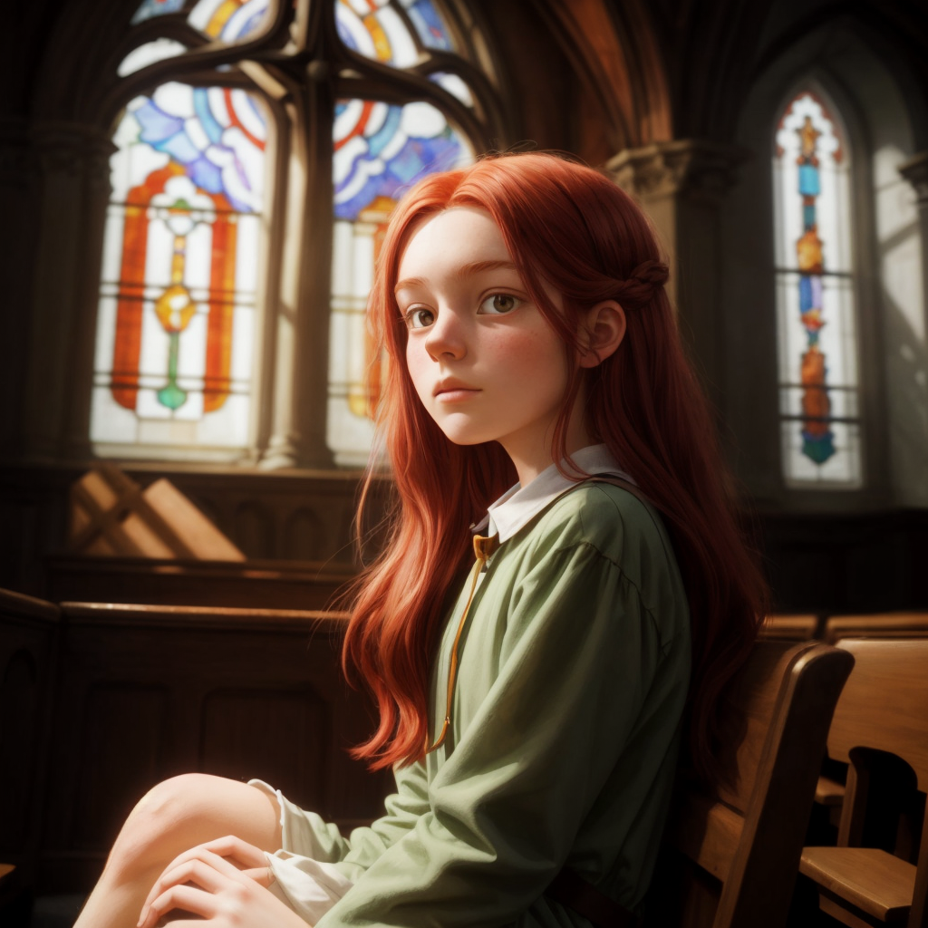 Audrie, with a serene expression, sitting in a church pew with sunlight streaming through a stained glass window.